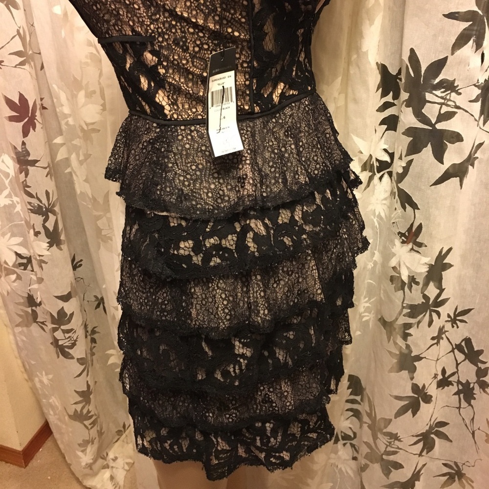 BCBGMAXAZRIA Ellie Lace Ruffle Mini Dress | Black Nude Lace Strapless Size 6 - Picture 5 of 5